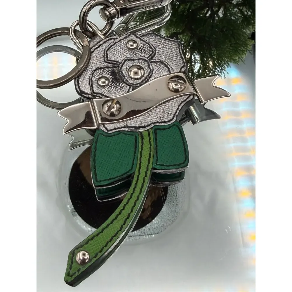 Prada Silver Green Saffiano Flower Key Chain Bag Charm